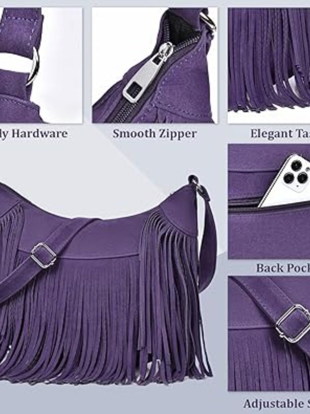 Boho Hobo Crossbody Bag Fringe‎ Tassel Western PU Leather Purse Purple - Picture 5 of 6